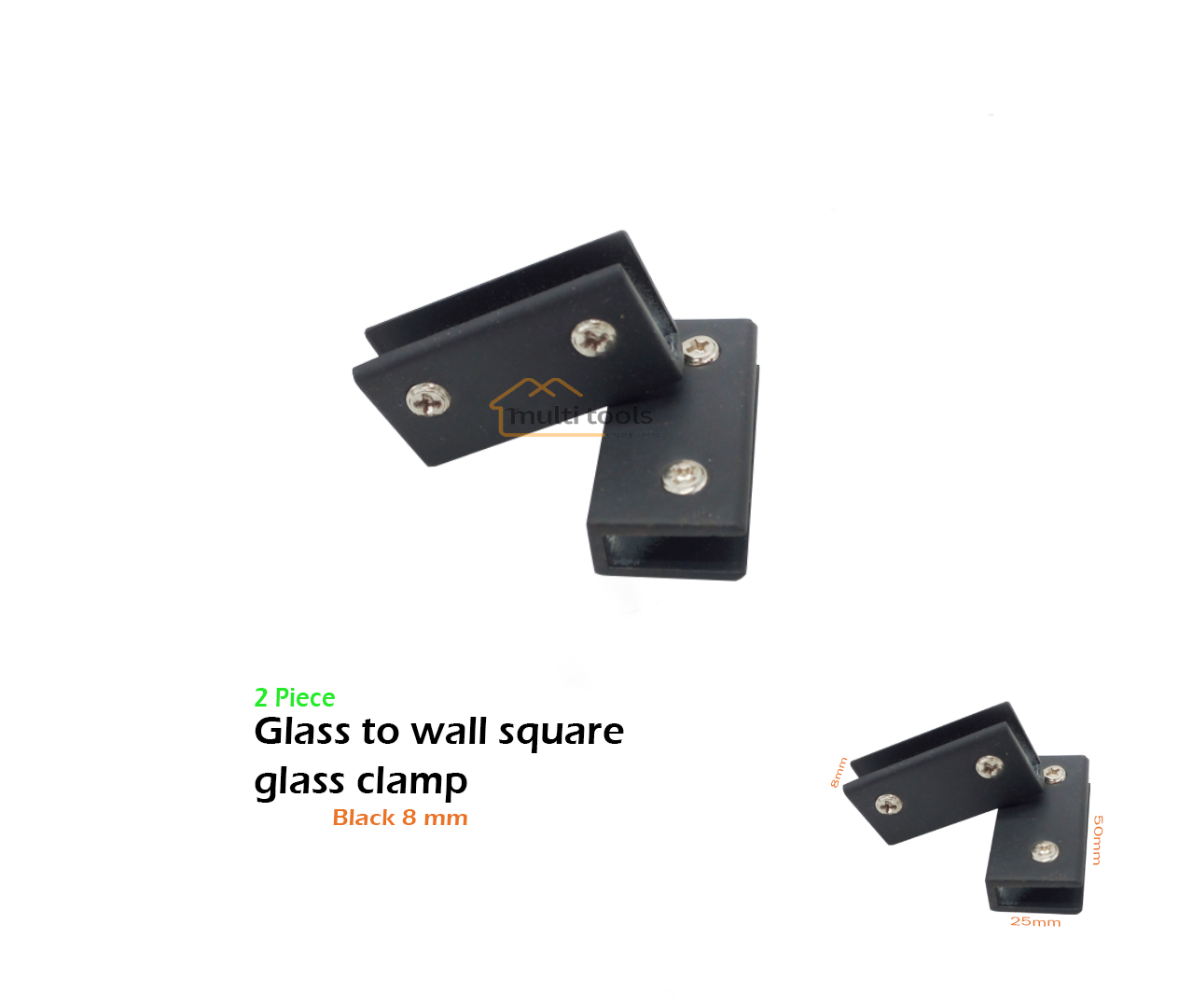 2 Pec  8mm Glass To Wall Square Glass Clamp Black 